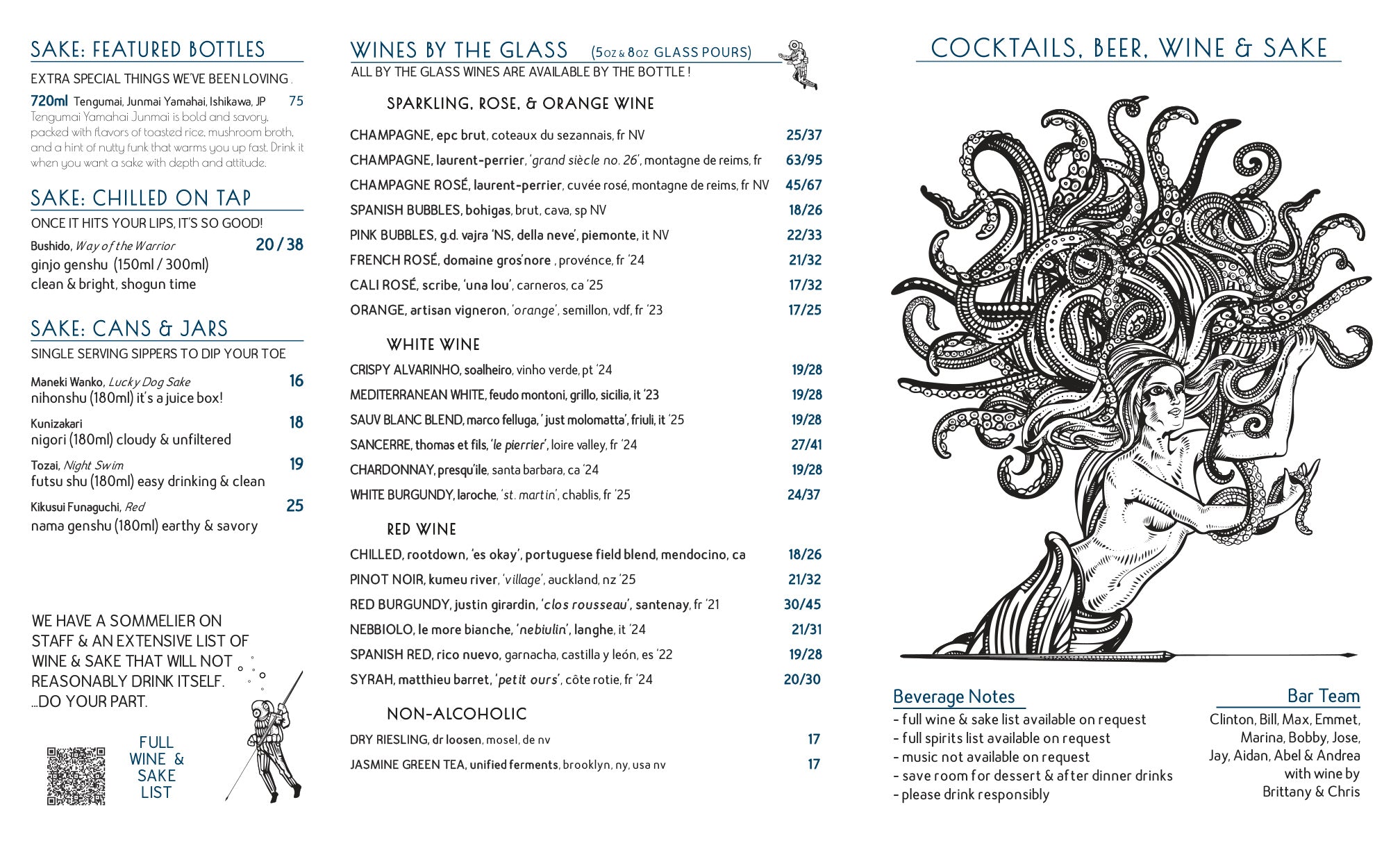 A printed bar menu card with black text and line art on a white background, featuring sections for sake, wines by the glass, cocktails, beer, wine & sake, and a full list with prices.

NAUTI STANDARDS
O.G. NAUTI CREATIONS & RE-CREATIONS
ACK Nauti 19
tequila, fresh cranberry, lime juice, mint
- our namesake
Teach Me How to Dougie 20
mezcal, fresh grapefruit, ginger
- teach me
Kermit the Frog 19
vodka, pineapple, lime, ginger
- oh kermy
My Mom’s Maple 19
bourbon, mud city maple syrup,
lemon - love my mom
