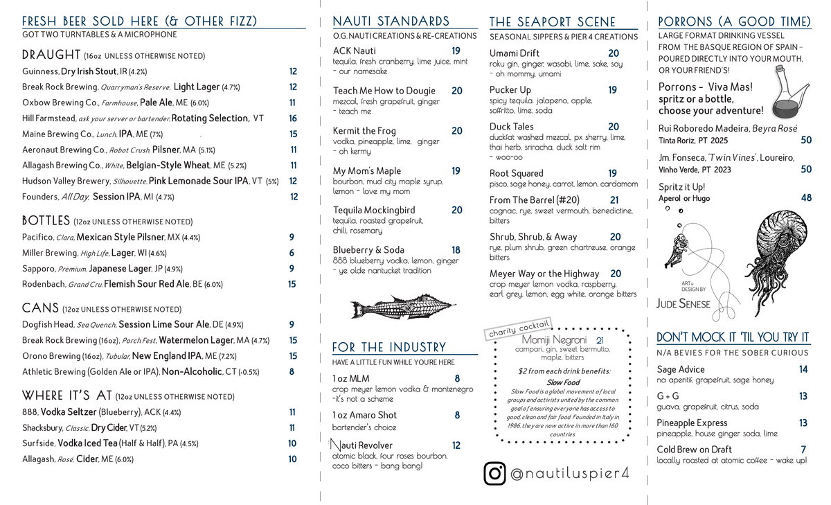 “The Nautilus Pier 4 wine and sake menu featuring Champagne, rosé, white and red wines by the glass, Japanese sake, and non-alcoholic wine selections at our Boston Seaport restaurant.”