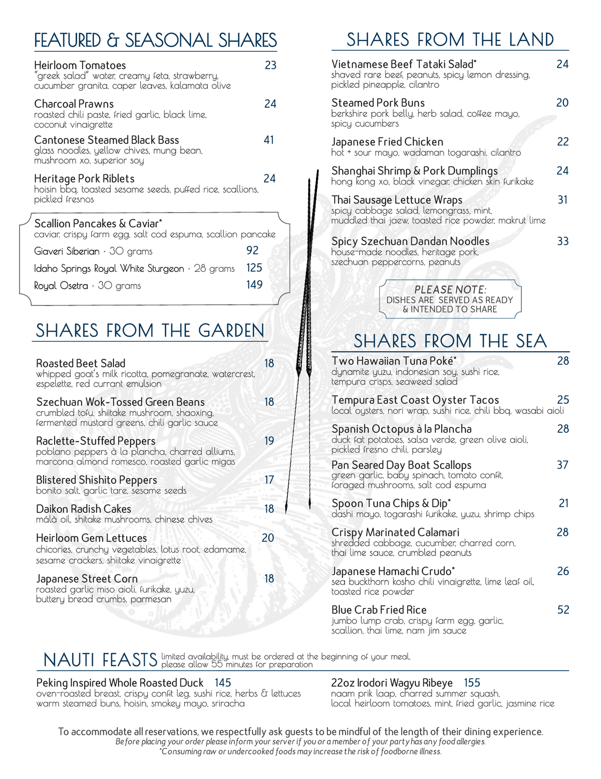 “The Nautilus Pier 4 September 2026 dinner menu featuring Asian-inspired seafood, sushi, tuna poké, Japanese hamachi crudo, scallops, blue crab fried rice, and shareable dishes at our Boston Seaport restaurant.”
